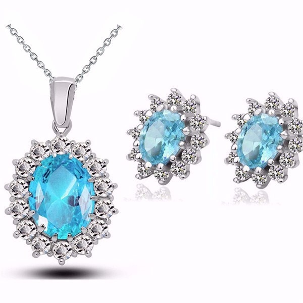 Fashion Blue Crystal Stone Wedding Jewelry Sets For Brides Silver Color Necklace Set For Women African Jewelry Sets & More